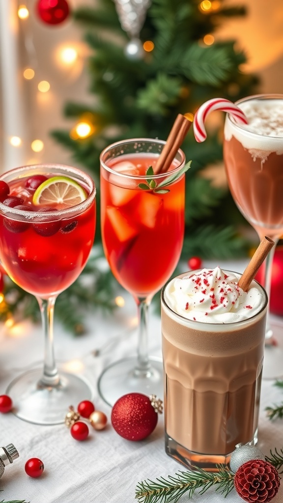 Three Christmas cocktails: cranberry cocktail, spiced apple cider, and peppermint hot chocolate on a festive table.